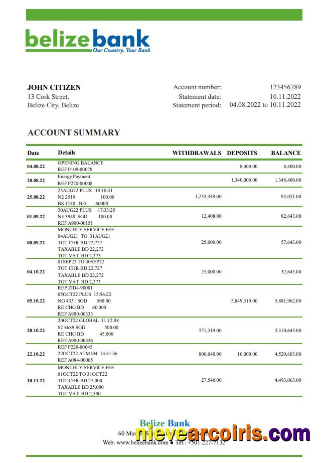 Belize Belize bank statement